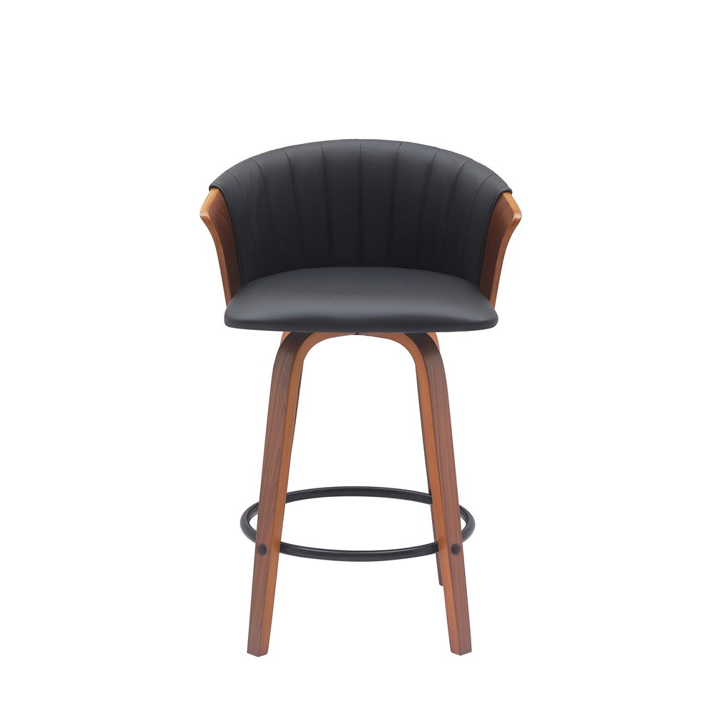 26" Black And Brown Faux Leather And Fabric And Solid Wood Counter Height Swivel Bar Chair