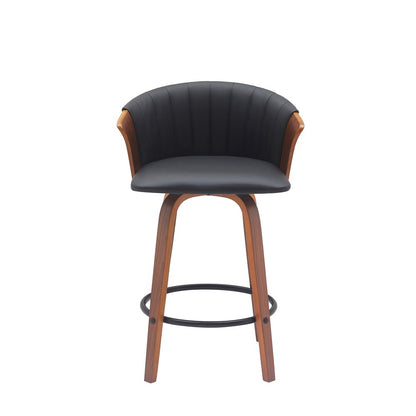 26" Black And Brown Faux Leather And Fabric And Solid Wood Counter Height Swivel Bar Chair