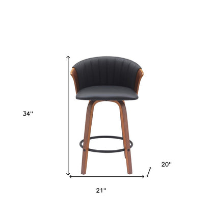 26" Black And Brown Faux Leather And Fabric And Solid Wood Counter Height Swivel Bar Chair