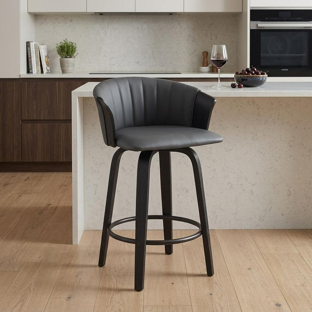 26" Gray and Black Faux Leather Counter Height Swivel Bar Chair