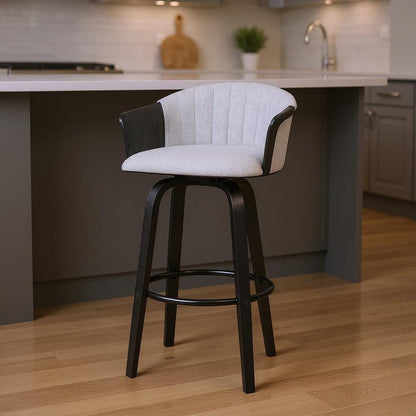 26" Light Gray And Black Fabric Swivel Counter Height Bar Chair