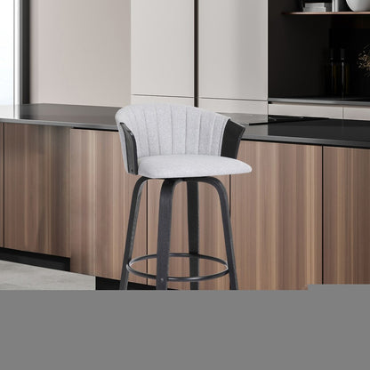 26" Light Gray And Black Fabric Swivel Counter Height Bar Chair