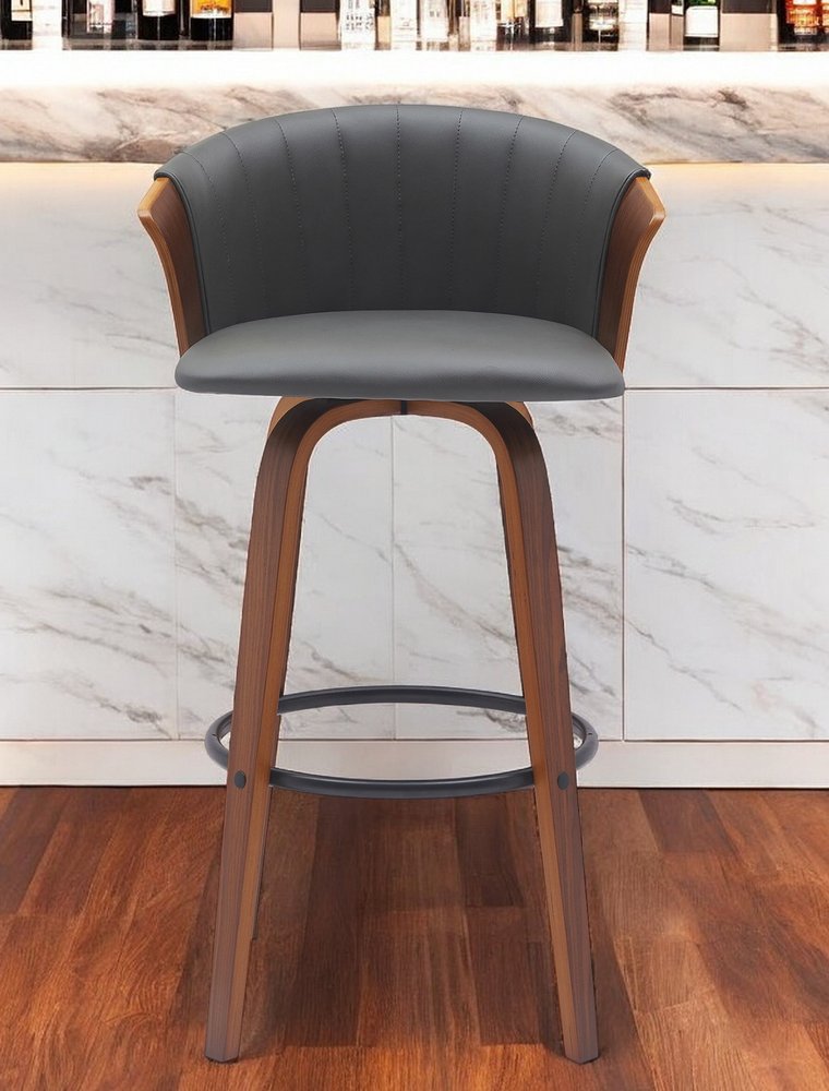 30" Gray And Wood Brown Faux Leather Swivel Bar Height Bar Chair