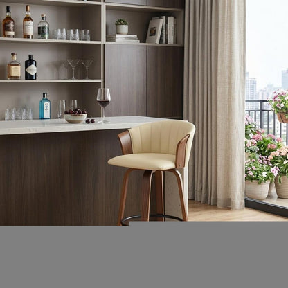 30" Cream And Wood Brown Faux Leather Swivel Bar Height Bar Chair
