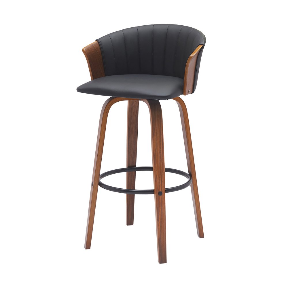 30" Black And Wood Brown Faux Leather Swivel Bar Height Bar Chair