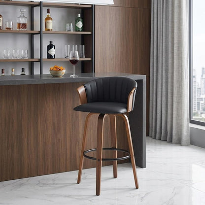 30" Black And Wood Brown Faux Leather Swivel Bar Height Bar Chair