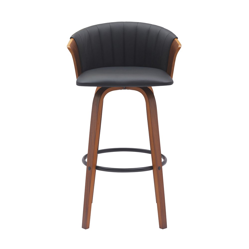 30" Black And Brown Faux Leather And Fabric And Wood Bar Height Swivel Bar Chair