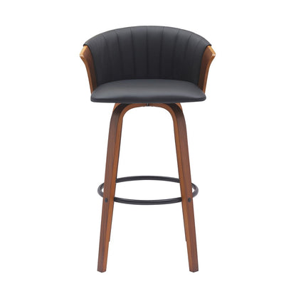 30" Black And Brown Faux Leather And Fabric And Wood Bar Height Swivel Bar Chair