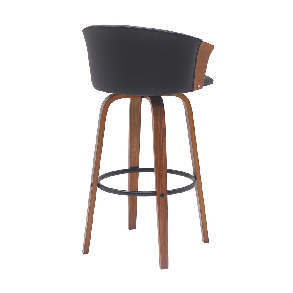 30" Black And Brown Faux Leather And Fabric And Wood Bar Height Swivel Bar Chair