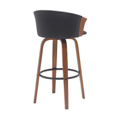 30" Black And Brown Faux Leather And Fabric And Wood Bar Height Swivel Bar Chair