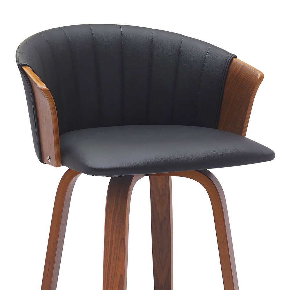 30" Black And Wood Brown Faux Leather Swivel Bar Height Bar Chair