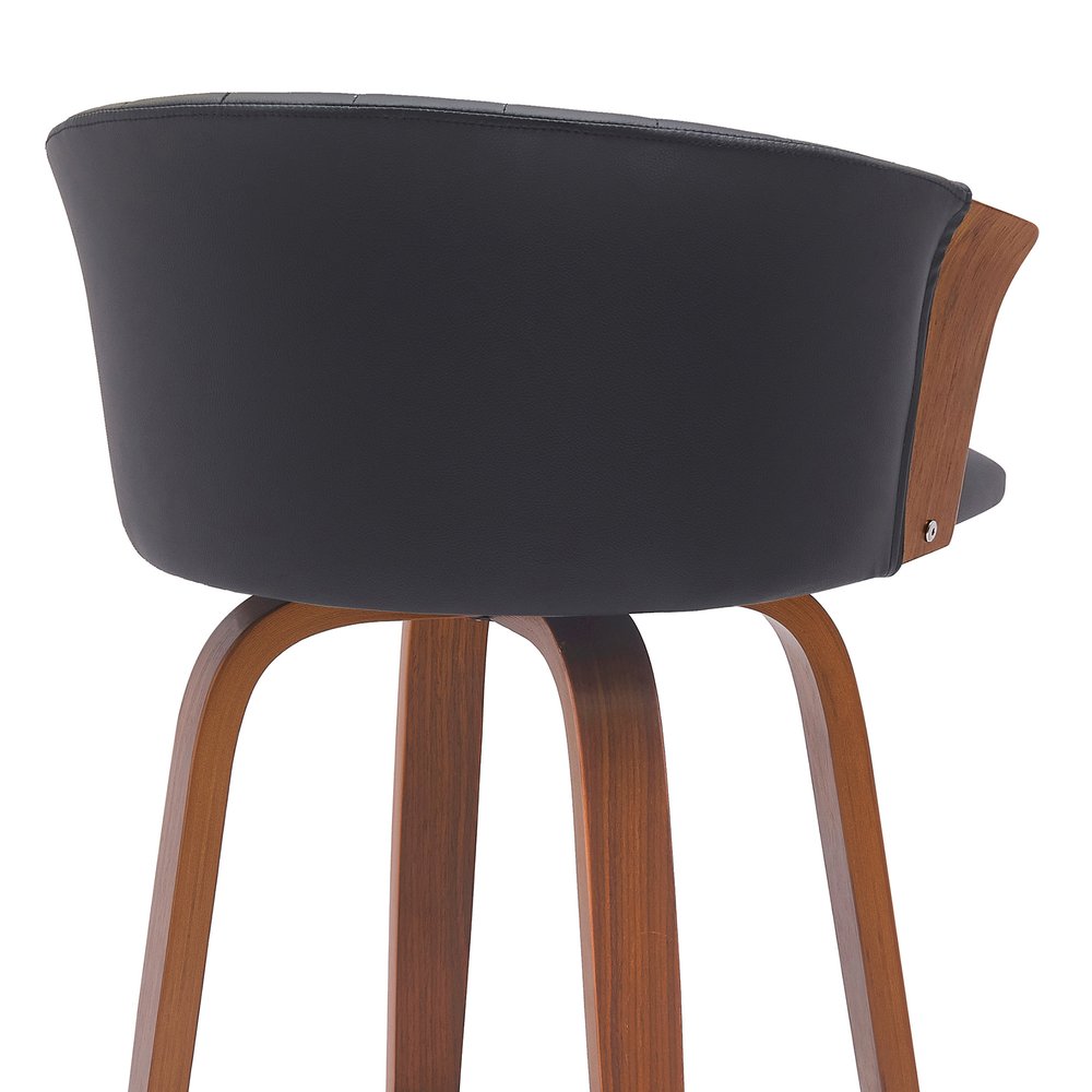 30" Black And Wood Brown Faux Leather Swivel Bar Height Bar Chair