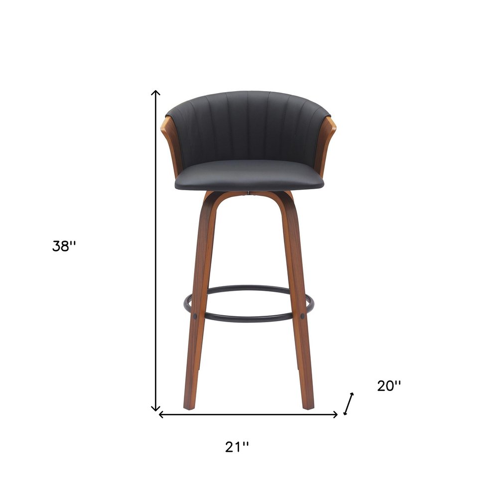 30" Black And Brown Faux Leather And Fabric And Wood Bar Height Swivel Bar Chair