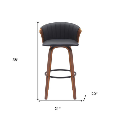 30" Black And Brown Faux Leather And Fabric And Wood Bar Height Swivel Bar Chair