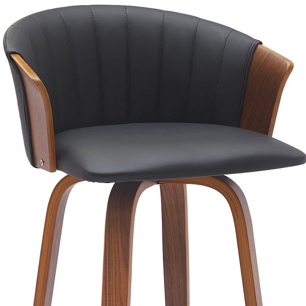 30" Black And Wood Brown Faux Leather Swivel Bar Height Bar Chair