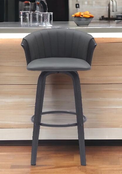 30" Gray And Black Faux Leather Swivel Bar Height Bar Chair
