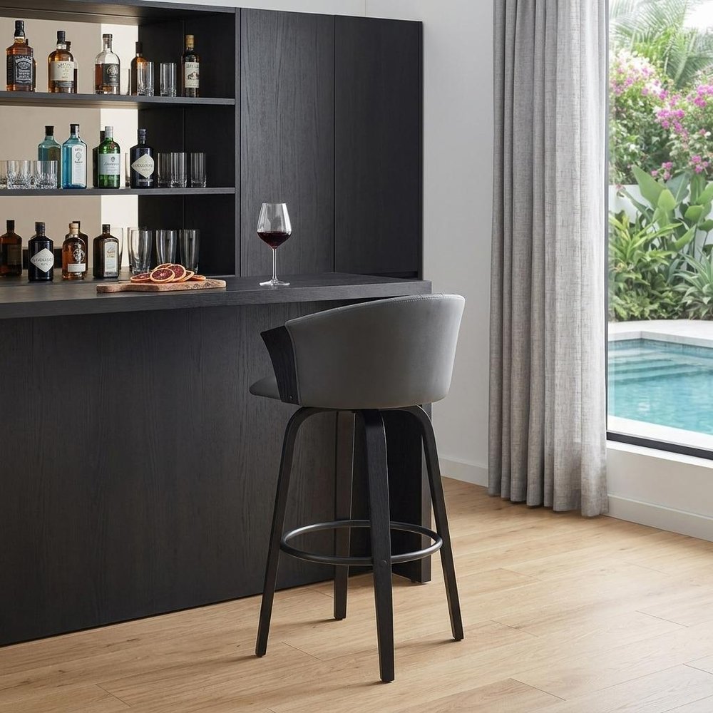 30" Gray And Black Faux Leather Swivel Bar Height Bar Chair