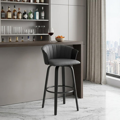 30" Gray And Black Faux Leather Swivel Bar Height Bar Chair