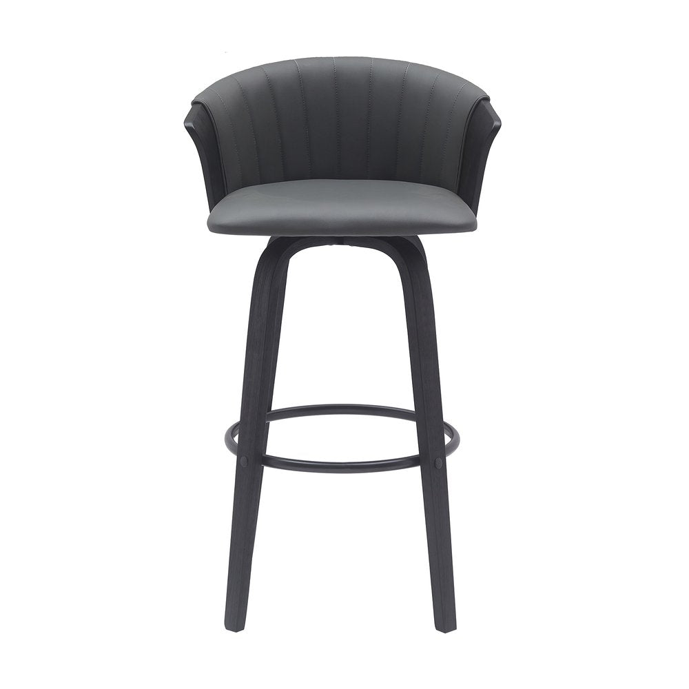 30" Gray And Black Faux Leather Swivel Bar Height Bar Chair