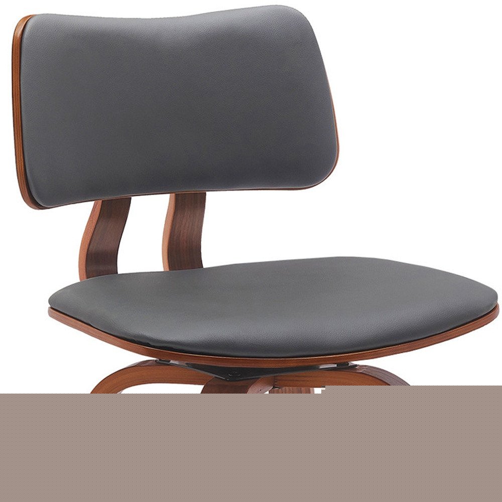26" Gray And Wood Brown Faux Leather Swivel Low Back Counter Height Bar Chair