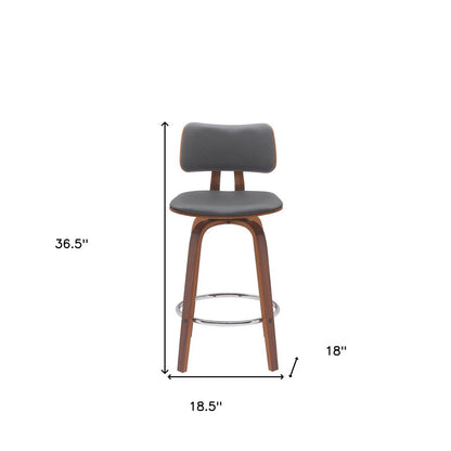 26" Gray And Wood Brown Faux Leather Swivel Low Back Counter Height Bar Chair