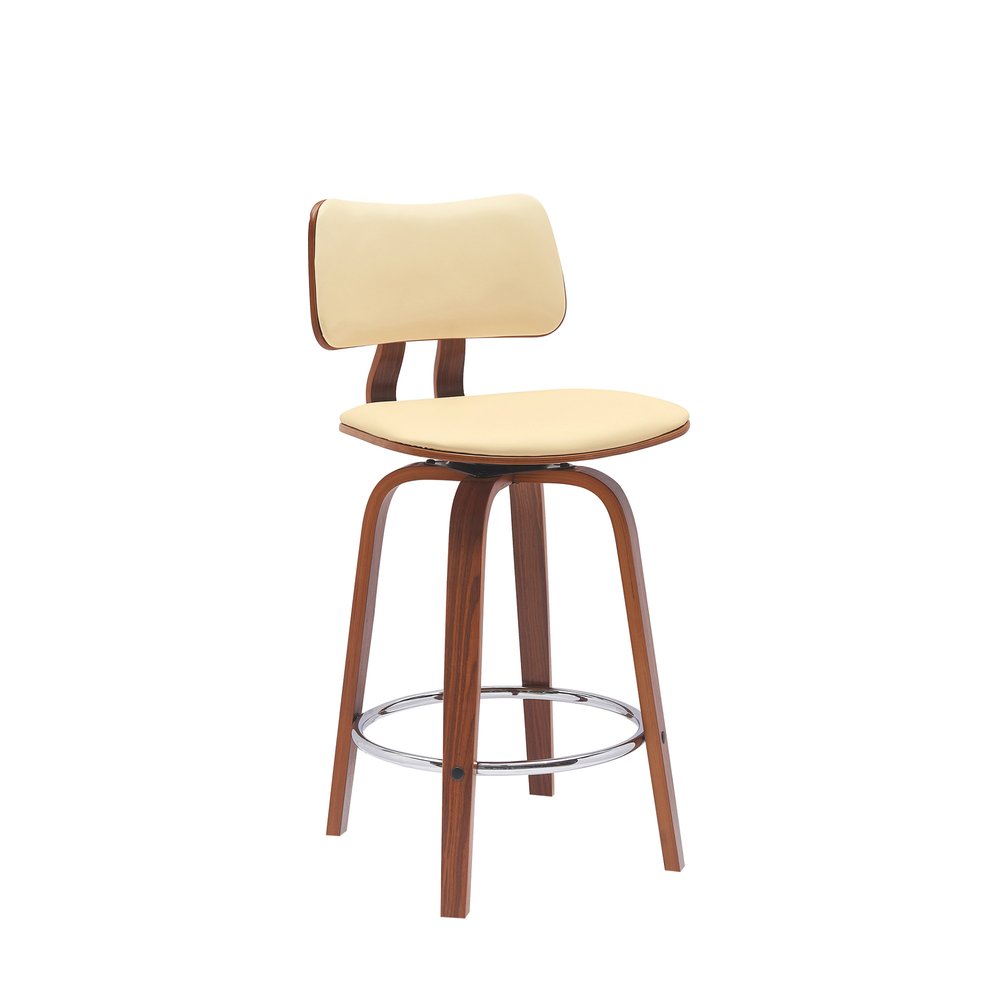 26" Cream And Wood Brown Faux Leather Swivel Low Back Counter Height Bar Chair