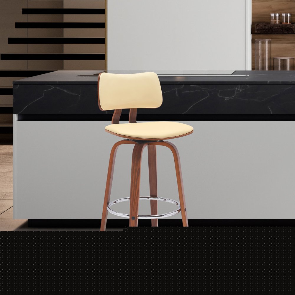 26" Cream And Wood Brown Faux Leather Swivel Low Back Counter Height Bar Chair