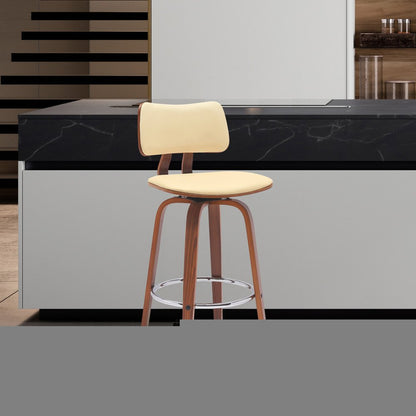 26" Cream And Wood Brown Faux Leather Swivel Low Back Counter Height Bar Chair