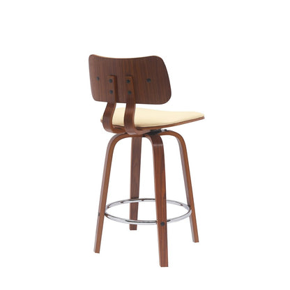 26" Cream And Wood Brown Faux Leather Swivel Low Back Counter Height Bar Chair