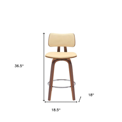 26" Cream And Wood Brown Faux Leather Swivel Low Back Counter Height Bar Chair