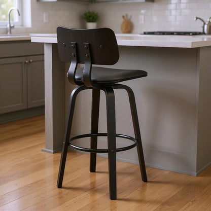 26" Gray And Black Faux Leather Swivel Low Back Counter Height Bar Chair