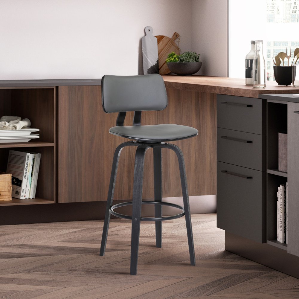 26" Gray And Black Faux Leather Swivel Low Back Counter Height Bar Chair