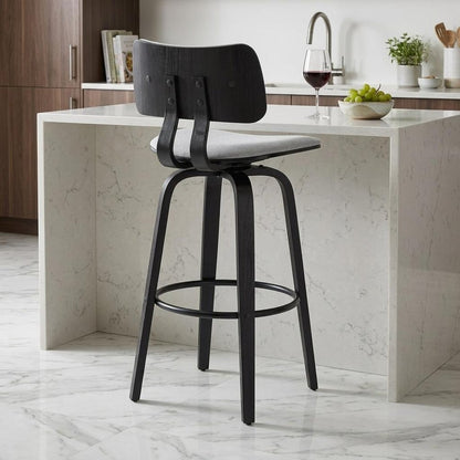 26" Light Gray And Black Fabric Swivel Low Back Counter Height Bar Chair