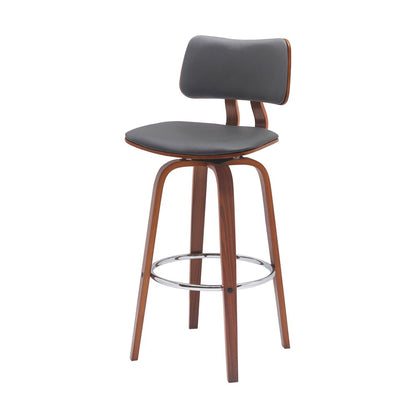 30" Gray And Brown Faux Leather And Fabric And Wood Low Back Bar Height Swivel Bar Chair