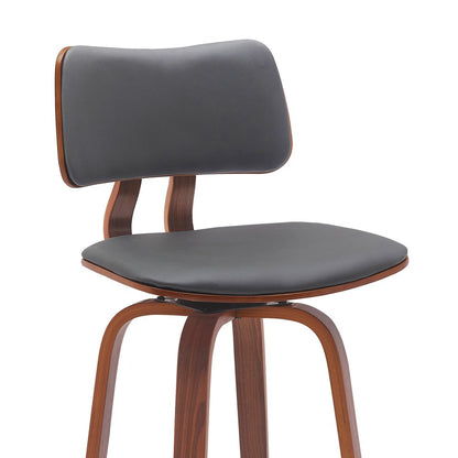 30" Gray And Brown Faux Leather And Fabric And Wood Low Back Bar Height Swivel Bar Chair