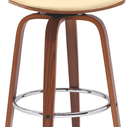 30" Cream And Wood Brown Faux Leather Swivel Low Back Bar Height Bar Chair