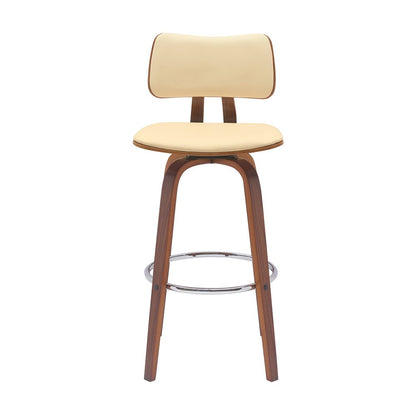 30" Cream And Wood Brown Faux Leather Swivel Low Back Bar Height Bar Chair