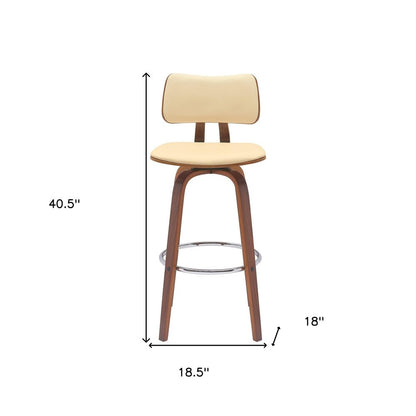30" Cream And Wood Brown Faux Leather Swivel Low Back Bar Height Bar Chair