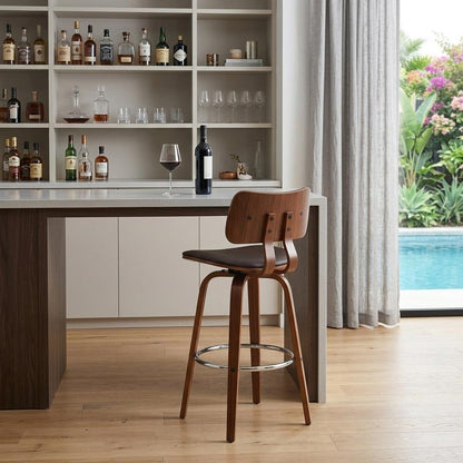 30" Brown And Wood Brown Faux Leather Swivel Low Back Bar Height Bar Chair