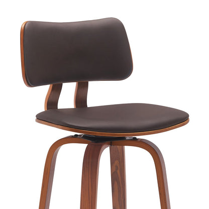 30" Brown Faux Leather And Fabric And Wood Low Back Bar Height Swivel Bar Chair