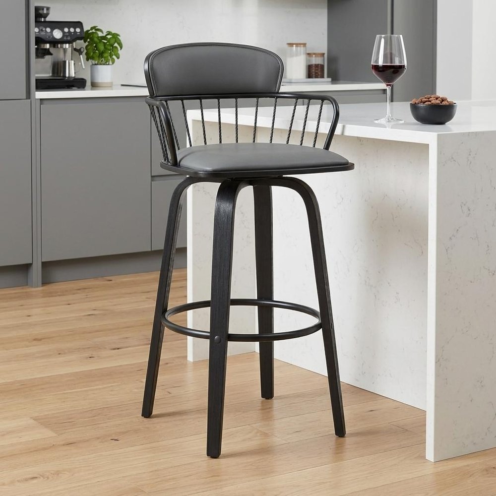 26" Gray And Black Faux Leather Swivel Low Back Counter Height Bar Chair