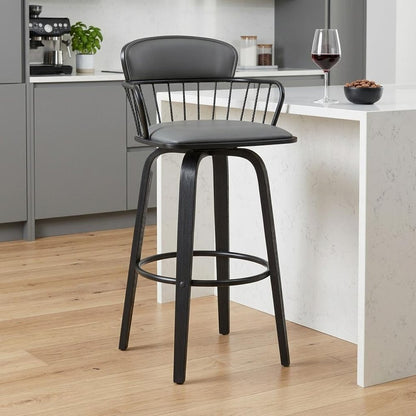 26" Gray And Black Faux Leather Swivel Low Back Counter Height Bar Chair