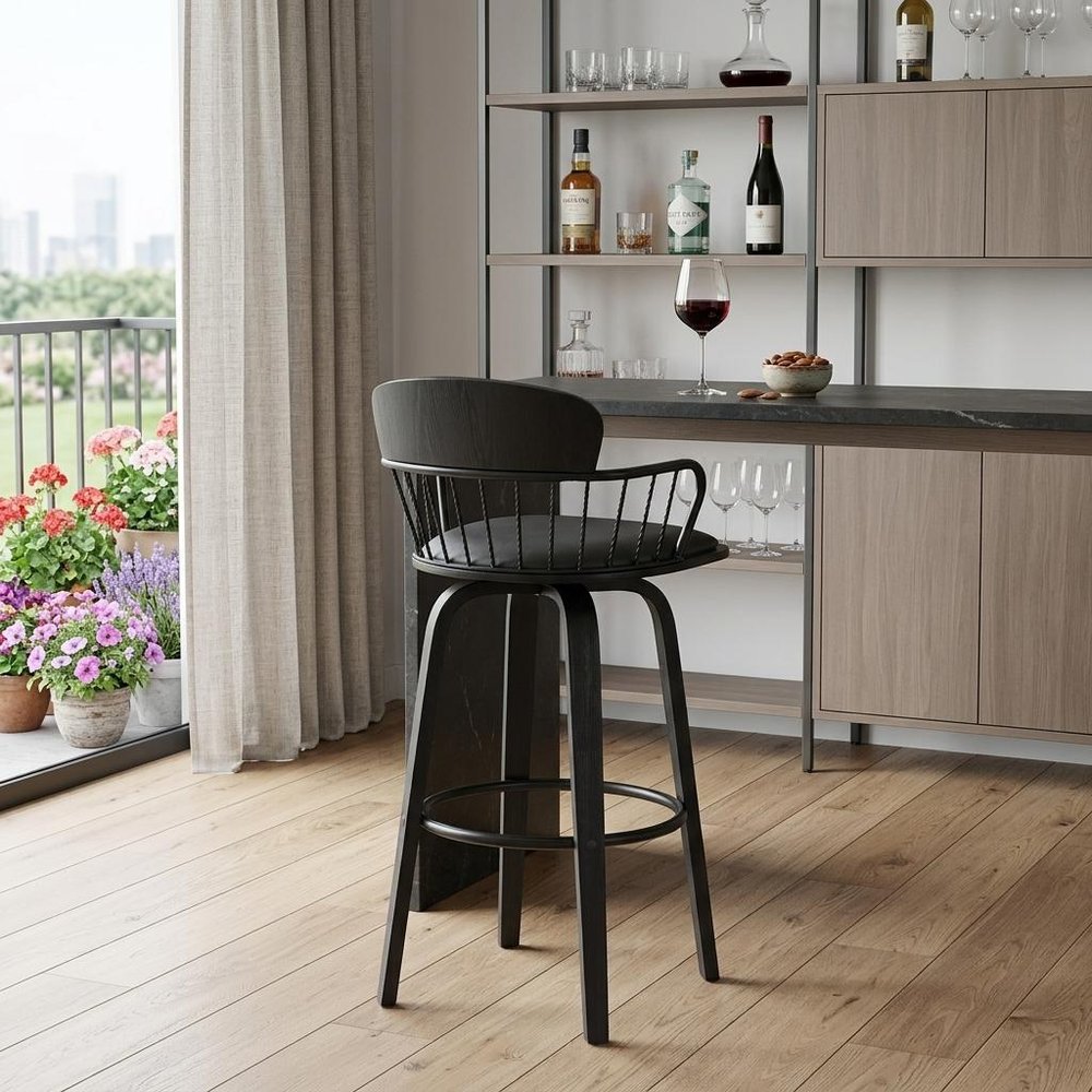 30" Gray And Black Faux Leather Swivel Low Back Bar Height Bar Chair