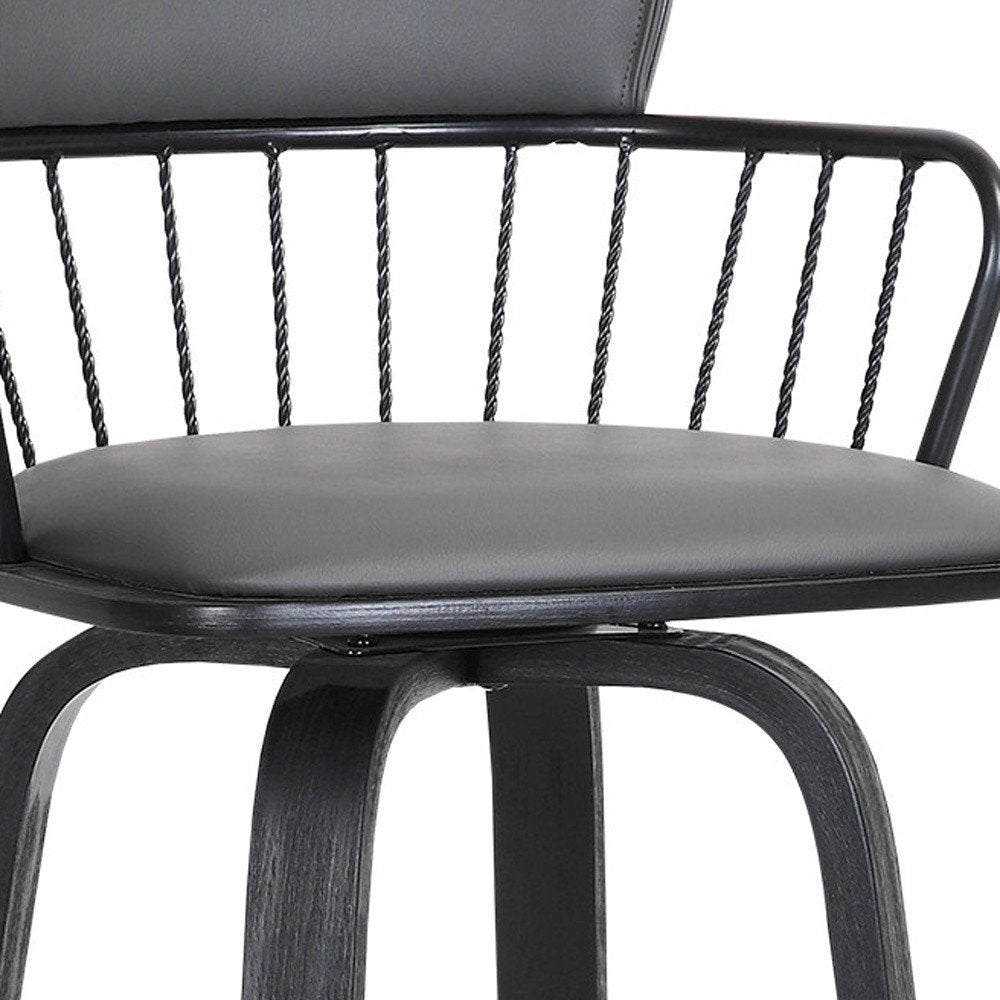 30" Gray And Black Faux Leather And Fabric And Wood Low Back Bar Height Swivel Bar Chair