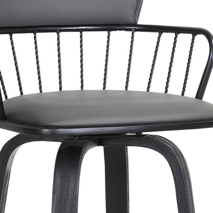 30" Gray And Black Faux Leather And Fabric And Wood Low Back Bar Height Swivel Bar Chair