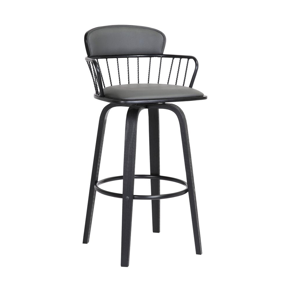 30" Gray And Black Faux Leather And Fabric And Wood Low Back Bar Height Swivel Bar Chair