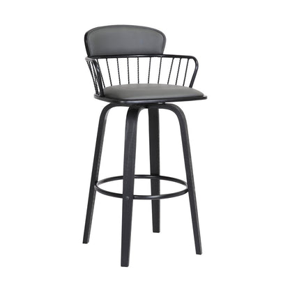 30" Gray And Black Faux Leather And Fabric And Wood Low Back Bar Height Swivel Bar Chair