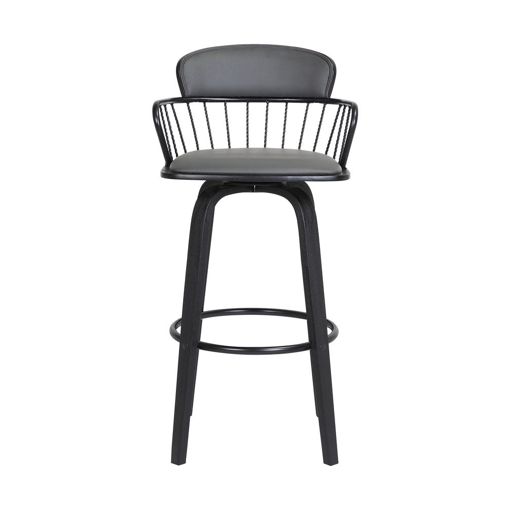 30" Gray And Black Faux Leather And Fabric And Wood Low Back Bar Height Swivel Bar Chair