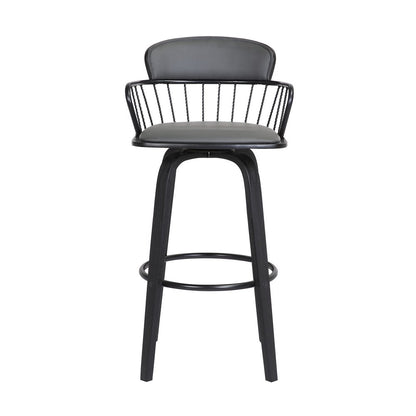 30" Gray And Black Faux Leather And Fabric And Wood Low Back Bar Height Swivel Bar Chair