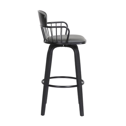30" Gray And Black Faux Leather And Fabric And Wood Low Back Bar Height Swivel Bar Chair